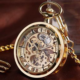 Vintage Necklace Steampunk Skeleton Mechanical Fob Pocket Watch Clock Pendant Hand-winding Men Women Chain Gift240b