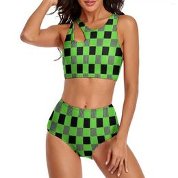 Women's Swimwear Hard Gingham Bikini Swimsuit Sexy Green And Black High Waist Set Two Piece Printed Push Up Beach Bathing Suit