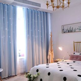 Curtains Double Layer Hollow Stars Blackout Curtains for Kids Room Sheer Curtains for Living Room Girl's Bedroom Window with White Tulle