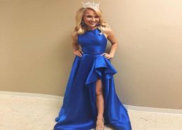 2017 Fashion Royal Blue Crew Neck HiLo Prom Dresses Long Cheap Sleeveless Zipper Back Dresses Evening Wear Custom Made3494568