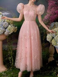 Party Dresses 2024 Summer In Pink Sequin Puff Sleeve Sweet Prom Dress Niche Design Princess Fairy Tulle Evening O-Neck Mid-Calf