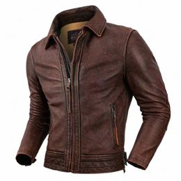 new Bomber Jacket 100% Top Layer Cowhide High Quality Retro Red Brown Lapel Motorcycle Tuxedo Men's Jacket I95z#