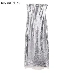 Casual Dresses KEYANKETIAN 2024 Launch Women's Luxury Sequined Decoration Breast Wrap Dress Elegant Sexy Slash Neck Slim Sheath MIDI