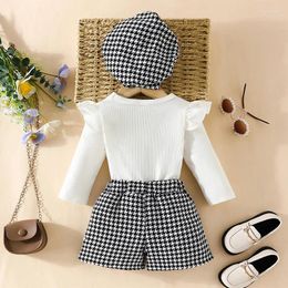 Clothing Sets Toddler Baby Girl Fall Winter 3Pcs Outfit Ribbed Long Sleeve Tops Houndstooth Shorts Beret Set