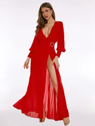 Casual Dresses Modphy 2024 Spring Magenta Long Sleeved Sexy Deep V-neck High Split Pleats Dress Elegant Celebrity Evening Party