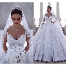 Luxurious Beaded Arabic Ball Gown Long Sleeves Wedding Dresses Lace Tulle 3D Appliques Sequins Fitted Bridal Gowns Plus Size Bes121 S S