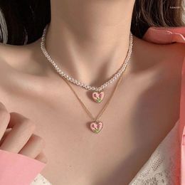 Pendant Necklaces 2024 Sweet Elegant White Pearl Pink Tulip Heart Necklace Gold Color Chain For Women Jewelry Christmas Gifts