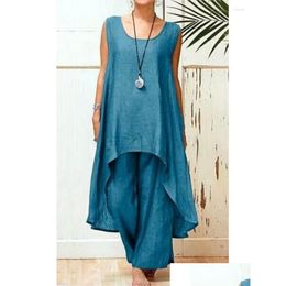 Womens Two Piece Pants Spring Summer Fashion O Neck Sleeveless Long Cotton Linen Tops Women Suit Casual Loose Elegant Female Wide Leg Otkyw