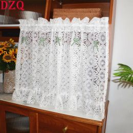 Curtains French White Lace Short Curtains for Kitchen White Hollow Half Curtains Green Bow Tie Short Curtains Living Room #A379