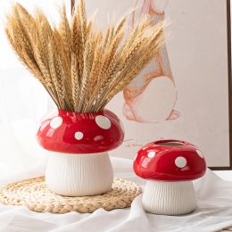 Vases Mushroom Ceramic Vase Red Mushroom Decoration Handicraft Candle Holder Table Top Flower Arrangement Home Nut Jewellery Storage Box