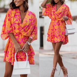 Party Dresses Women Bat Short Sleeve Summer Boho Floral Print High Waist Ruffle Vestido 2024 Holiday Sexy V Neck Robe