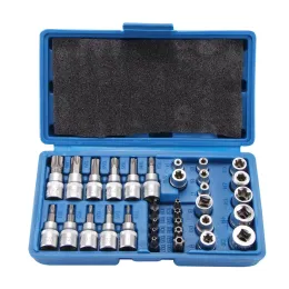 lasapparatuur New 34 Piece Torx Star Socket Hexagon Wrench Set Drive Bit Socket Blue Tamper Proof Hand Tools Car Repair Tool