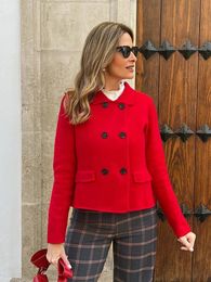 HH TRAF Autumn Female Chic Red Cropped Lapel Jacket Fashion Blend Wool Double Breasted Long Sleeve Coat Women Elegant Outerwear 240311