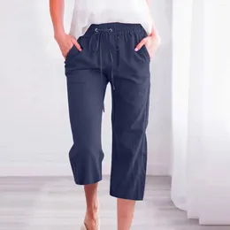 Women's Pants High Waisted Women Cropped Trousers Wide Leg Drawstring Elastic Straight Seven Point With Pockets