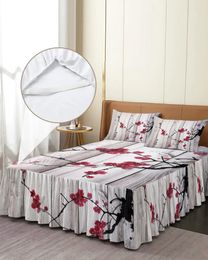Bed Skirt Vintage Wood Textured Ink Plum Blossom Elastic Fitted Bedspread With Pillowcases Mattress Cover Bedding Set Sheet
