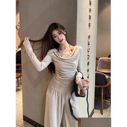 Womens Two Piece Pants Pure Y Girl Suit Spring Long-Sleeved Halter Neck Top Wide Leg Casual Two-Piece Set Fashion Female Clothes Drop Otbeo