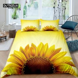 Set Home Living Luxury 3D Print SunFlower Bedding Set Sunlight Duvet Cover Pillowcase Queen and King EU/US/AU Size Polyester Bedding Sheer Curtains