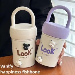 Water Bottles Cartoon Teddy Bear Girl Insulated Cup High Aesthetic Stainless Steel Portable Handheld Coffee
