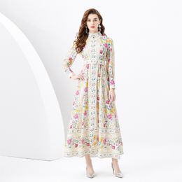 Nice Floral Maxi Apricot Dress Women Designer Vintage Printed Long Sleeve Shirt Dresses Elegant Ladies Button Cardigan A-line Office Casual Party Clothes Frocks