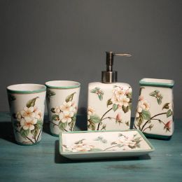 Holders Flowers Ceramic Toothbrush Holder Storage Divided Bottle Bathroom Accessories Floral Mouthwash Cup Lotion Bottle Bathroom Decor