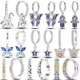 Hoop Earrings 925 Sterling Silver For Women Colourful Zircon Star Butterfly Devil's Eye Pendants Luxury Sparkling Pave CZ