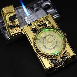 Lighters New LED Gold Watch Windproof Jet Butane Inflatable Lighter Flashlight Turbo Lighter Cigar Cigarette Accessories Mens Gift 240325