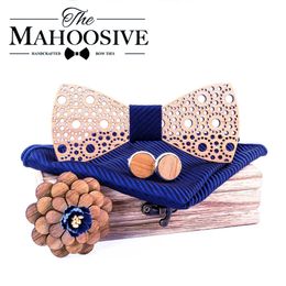 Wooden Hollow Wood Bow ties Bowtie with handkerchief Cufflinks For Men Design Christmas gift set 240314