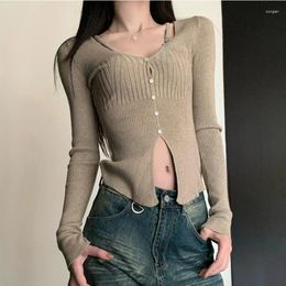 Women's T Shirts Vintage V-neck Single-breasted Sexy Knit Long-sleeved T-shirt Women 2024 Spring Korean Solid Color Casual Halter Crop Tops