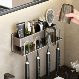 Heads Wall Mounted Toothbrush Holder Aluminium Alloy Toothpaste Rack Bathroom Household Space Saving No Punching Bathroom Accessories