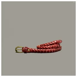 Belts Japanese Handmade Women's Thin Narrow Denim Casual Leather Belt Retro Copper Buckle Fashion Joker Wine Red