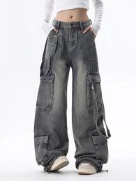 Women's Jeans Y2K Mutliple Pocket Overalls Baggy Women Vintage High Waist Wide Leg Loose Casual Spaghetti Strap Cargo Pants Female 2024