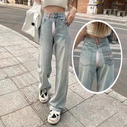 Women's Jeans Invisible Open Crotch Outdoor Sex Straight Leg Mop Pants Retro High Waisted Design Pockets Wide