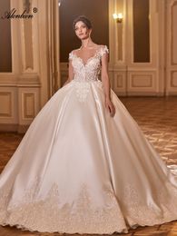 Luxurious Satin Sheer Neck Ball Gown Wedding Dress Beaded Pearls Apppliques Lace princess Bridal Gowns coverd With Button and corset