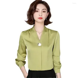 Women's Blouses Elegant Luxury V-neck Metal Buckle Long Sleeve Tops White Versatile Satin Shirt Spring Autumn Business S-6XL