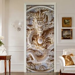 Stickers 3D Jade Carving Relief Door Stickers For Living Room Bedroom PVC Selfadhesive Wallpaper Home Decor Mural Waterproof Wall Decals