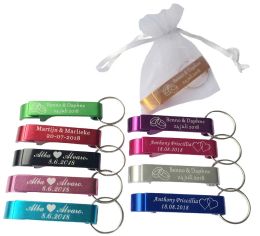 Openers 50pcs Personalised Engraved Bottle Opener Keychains Keyrings Personalised Wedding Gift Wedding Favour with White Organza Bag