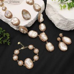 Earrings Necklace GLSEEVO Natural Baroque Shaped Pearl Women Jewelry Necklace Bracelet Earring Ring Set Rhinestone Inlaid Luxury Dress Jewelry L240323