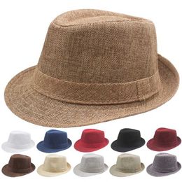 Wide Brim Hats Bucket Hats Retro mens straw hat womens summer sun hat fashionable beach sun hat solid color Fedoras beige jazz hat J240325