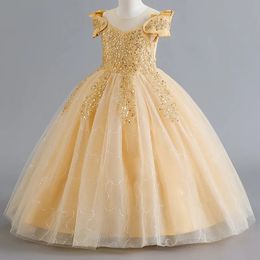 Glitter Flower Girl Dress Sequin Beading ONeck Party Gown Champagne Elegant Kids Prom 240309