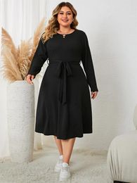 Plus Size Dresses Autumn Winter Casual Sweater Dress O Neck Collar Belted Sheath Party Midi Long Sleeve Elastic Female Clothes