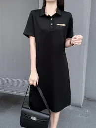 DesignerFashion Polo collar plus-size dress women's new summer short sleeve mid-length plaid Colour block T-shirt polo collar skirt S-2XL