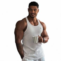 summer New Men's Vest Gym Sports Fitn Quick Dry Breathable Stretch Vertical Stripe Tank Top Sleevel T-Shirt Training Suit B1bQ#