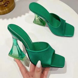 Slippers Summer Green Women's Shoes Slippers Silky Wide Band Transparent Strange High Heels Comfortable PU Leather Slides Sandals Pumps