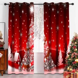 Curtains 2024 Christmas Tree Red Window Treatments Curtains for Living Room Bedroom Home Decor Santa Claus Curtains Kids Room Home Decor