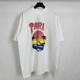 B Paris Correct High Version 24S New Hawaiian Coconut Tower Hand-painted Letter Print Short Sleeve Couple Style