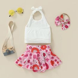 Clothing Sets Toddler Girls Summer Clothes Suits Solid Color Knit Rib Halter Neck Sleeveless Tank Tops Flower Print Skorts Headband 3Pcs