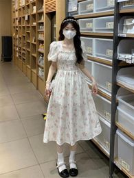 Casual Dresses Summer Robe Women Fashion Loose Square Neck Bubble Sleeve Dress Y2k Korean Elastic Waist Fragmented Flower Slim Long