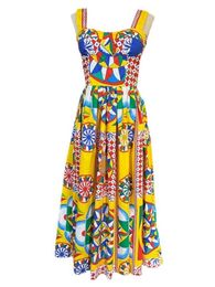 Summer Holiday Beach Spaghetti Strap Dress Cotton Padded Cup Colorblock Print Zipper Elastic Backless Midi Vestidos 240315