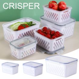 Bins Refrigerator Preservation Box Storage Transparent Doublelayer Large Capacity Sealed Vegetable Fruit Food Grade Drain Organizer