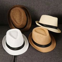 Wide Brim Hats Bucket Hats Fashionable unisex summer straw hat Panama hat Beach wide Brim sun hat Jazz dress hat Cowboy Fedora hat Black gang hat Sun hat J240325